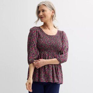 Women's Croft & Barrow® Three-Quarter Sleeve Blouse Color: Wine Rose Bunches